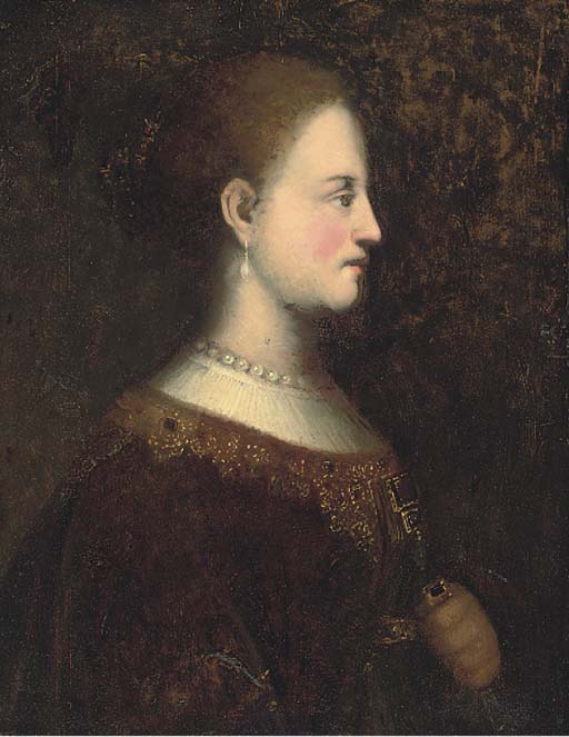 Portrait of a lady, quarter-length, in a brown dress with gold embroidery
