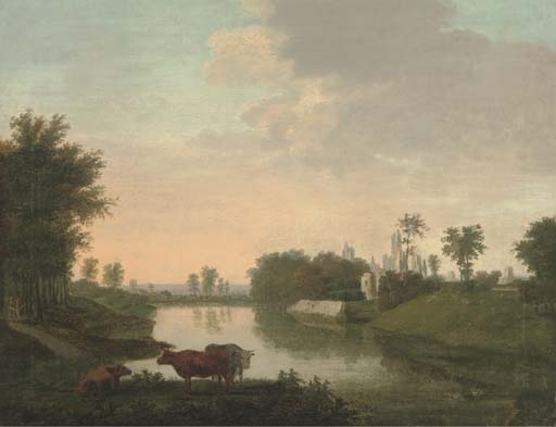 Cattle by a lake, with ruins beyond 
