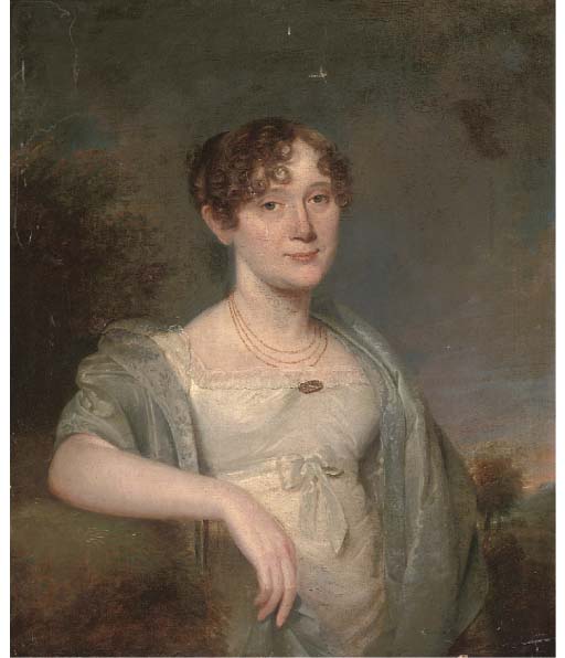 Portrait of a lady, half-length, in a white dress and grey shawl, with a landscape beyond
