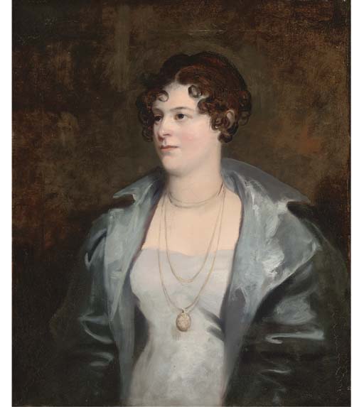 Portrait of Henrietta Graham, bust-length, in a grey dress and coat wearing a gold locket
