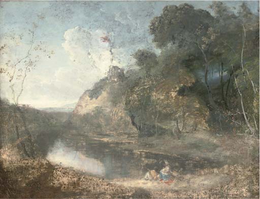 A wooded river landscape, with countryfolk resting in the foreground, a hilltop ruin beyond
