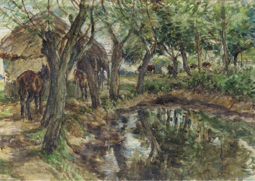 Ponies by a farmyard pond 
