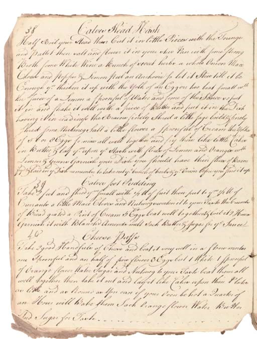 EIGHTEENTHCENTURY COOKERY BOOK. Manuscript of recipes, dated 1784, the