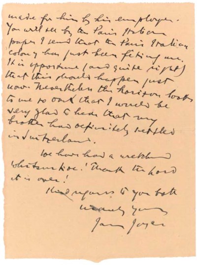 JOYCE James 1882 1941 Letter Addressed From 7 Rue Edmond Valentin 