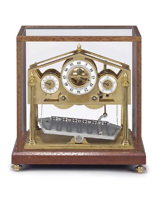 Devon Clocks. An English brass and mahogany miniature Congrevetype rolling ball clock, 1986