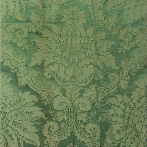 A PAIR OF TURQUOISE SILK DAMASK CURTAINS WITH TWO MATCHING PELMETS