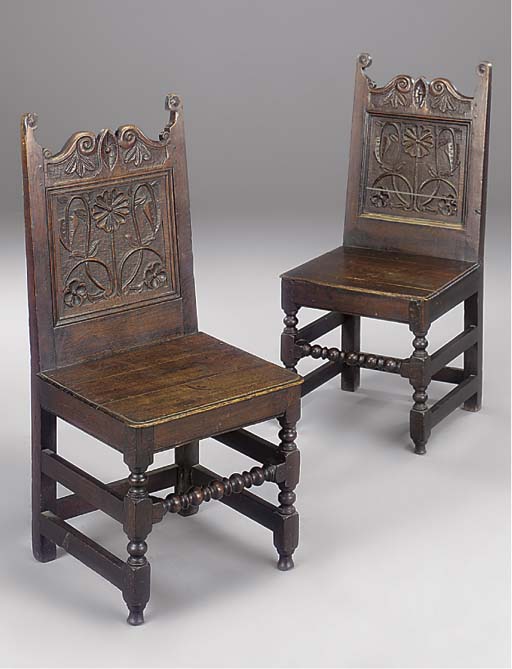 A PAIR OF OAK SOLID SEAT SIDE CHAIRS , IN THE 17TH CENTURY STYLE, LATE 19TH CENTURY | Christies A PAIR OF OAK SOLID SEAT SIDE... 