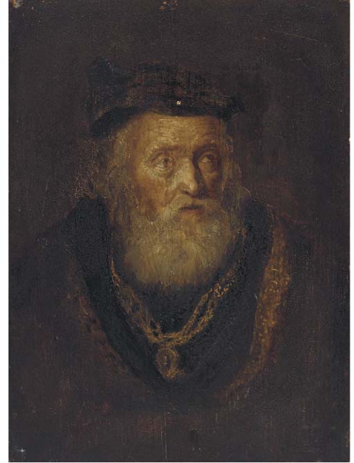 An elderly man, bust-length, in a cap 
