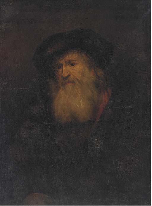 A man, bust-length, with a beard 
