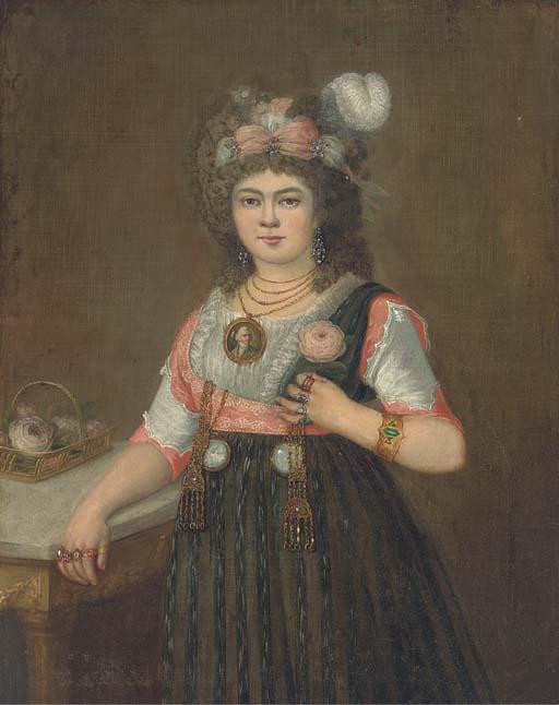 Portrait of a lady, three quarter-length, with her right hand on a table
