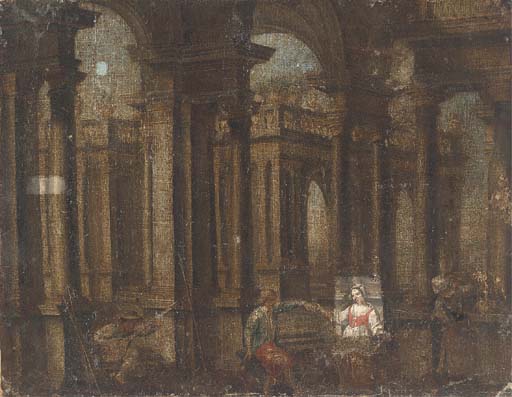A capriccio of a palace courtyard with figures playing music and dancing
