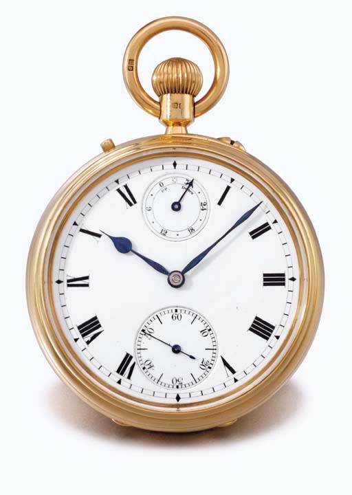 S. Smith & Sons. An extremely fine and rare 18K gold openface keyless lever watch with one
