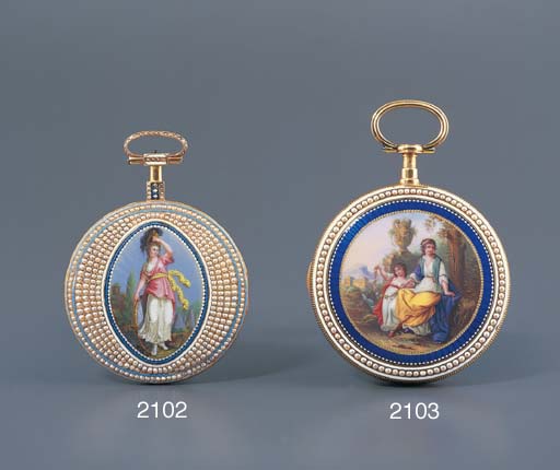 LEONARD. A GOLD, ENAMEL AND PEARL-SET VERGE WATCH
