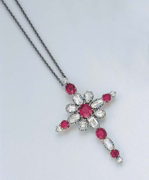 A RUBY AND DIAMOND CROSS PENDANT NECKLACE | Christie's