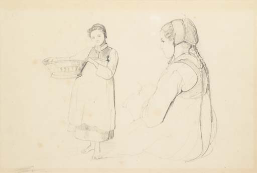 A girl holding a basket, and the same seated girl in profile to the left, half-length
