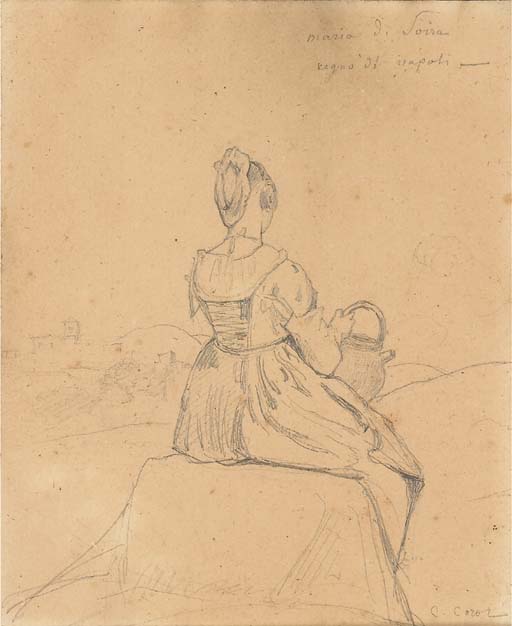 A seated girl seen from behind, a village in the background 
