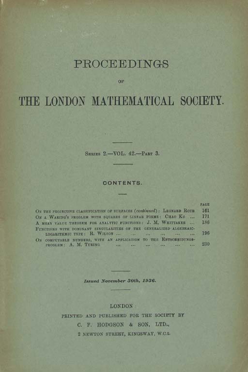 Alan Turing (1912-1954). On computable numbers, with an application to the Entscheidungsproblem.&nbsp;Sold for $22,800 on 23 February 2005 at Christie&rsquo;s in New York