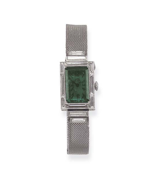 AN UNUSUAL ART DECO DIAMOND AND EMERALD WRISTWATCH, BY C.H. MEYL