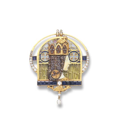 **A RARE IVORY, ENAMEL AND GEM-SET PENDANT BROOCH, BY LUIS MASRI