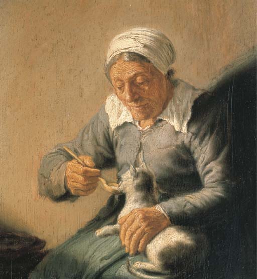 An old peasant woman feeding a cat milk 
