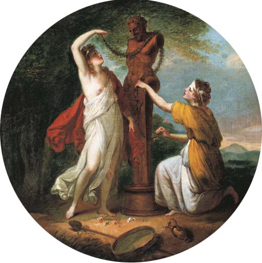 Nymphs adoring a herm of Priapus 
