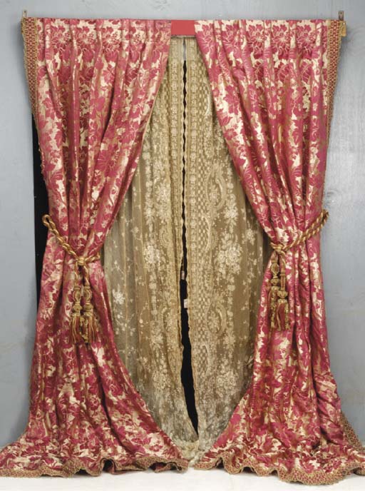 A PAIR OF RED AND GOLD SILK DAMASK CURTAINS, , 20TH CENTURY Christie's