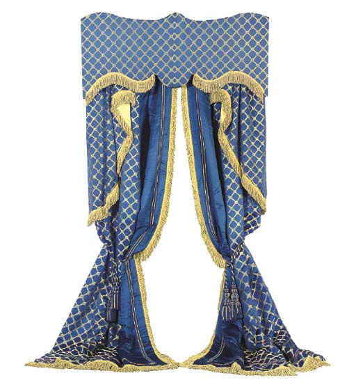 TWO PAIRS OF BLUE AND GOLD SILK DAMASK CURTAINS WITH PELMETS AND