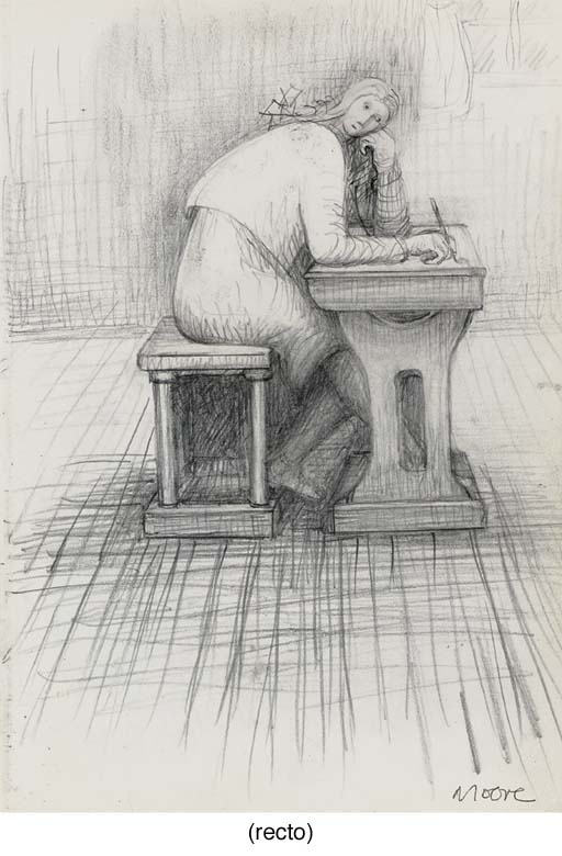 Girl Doing Homework (recto); Two Sketches of Hand Holding Pen (verso)
