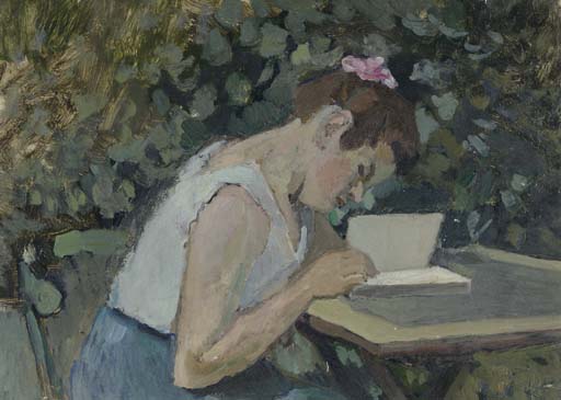 Femme lisant dans un jardin 

