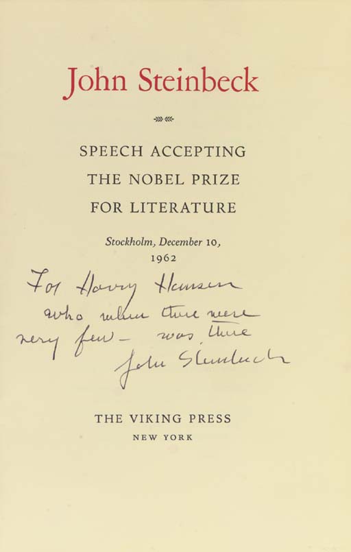 STEINBECK, John. Acceptance Speech John Steinbeck The Nobel Prize for