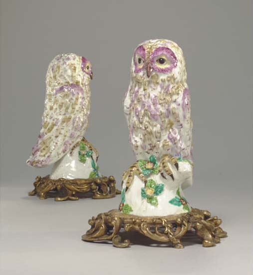 A pair of ormolu-mounted Bow models of tawny owls, circa 1755-60. 9 in (22.8  cm) high (2). Sold for $228,000 on 18 March 2005 at Christie&rsquo;s in New York