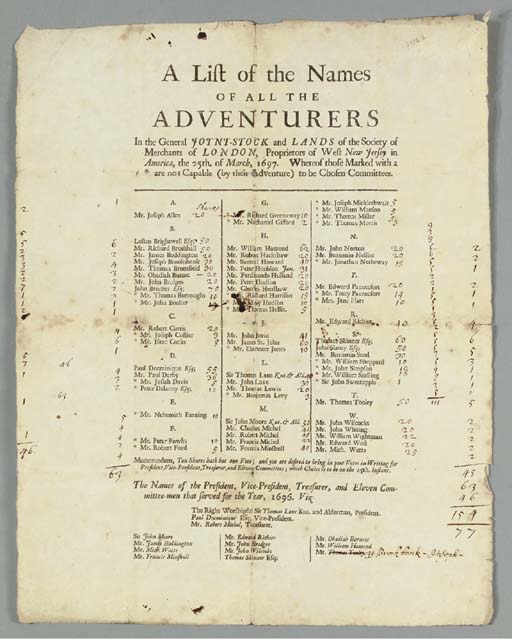 [NEW JERSEY, Colony]. List of the Names of all the Adventurers in the