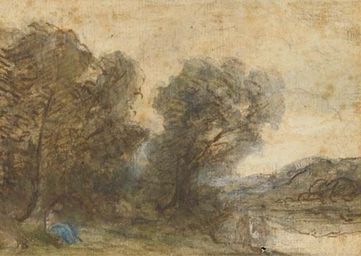 Un paysage avec des arbres et une rivière, une figure assise à gauche
