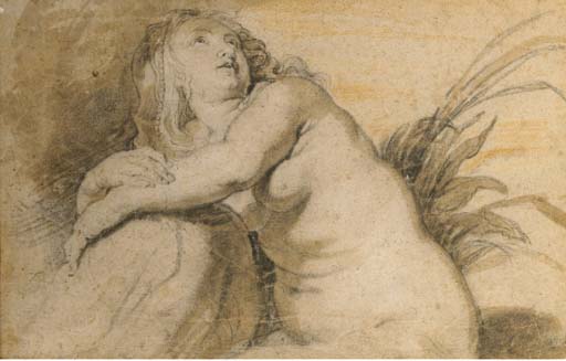 Une femme nue assise tournée vers la droite 
