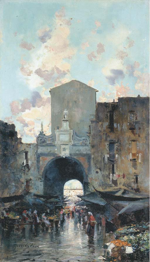 Oscar Ricciardi (Italia 18641935) , Napoli, Mercatino alla porta