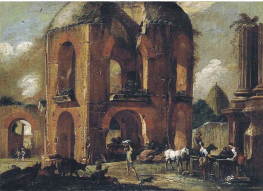 Roma, veduta fantastica del Tempio di Minerva Medica, con un abbeveratoio e astanti
