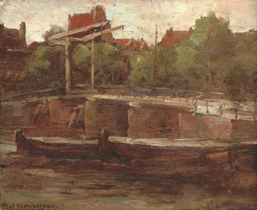 Waals-Eilandgracht with Bridge and Flat Barges 
