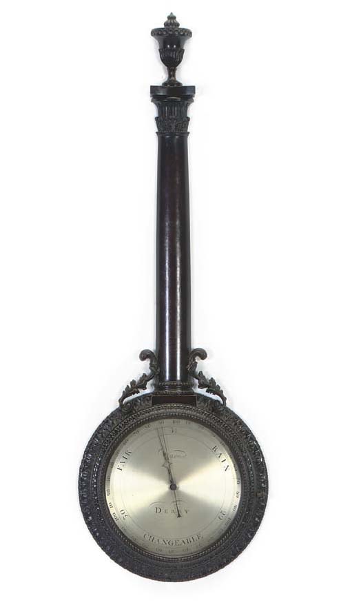 A George III carved mahogany wheel barometer, by John Whitehurst, Derby, circa 1775. 42 in (107 cm) high. Sold for &pound;38,400 on 9 March 2006 at Christie's in London