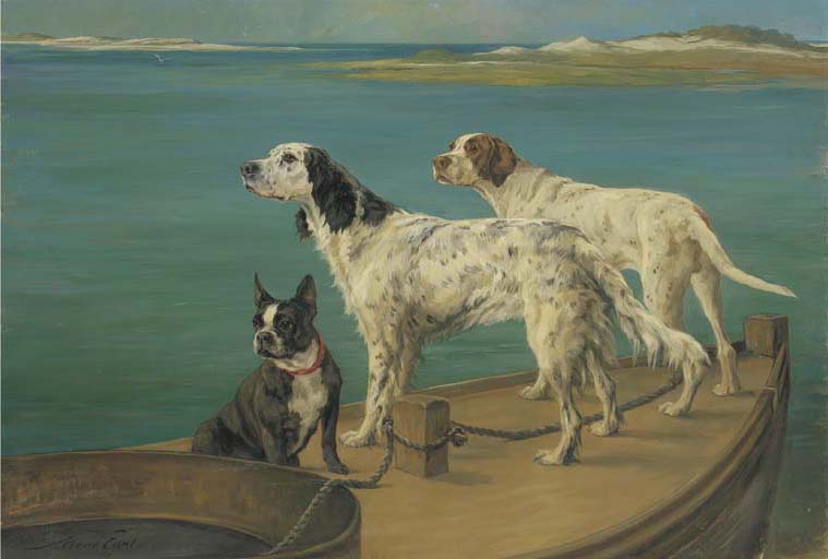 Maud Earl 1864 1943 A pointer in a landscape at sunset