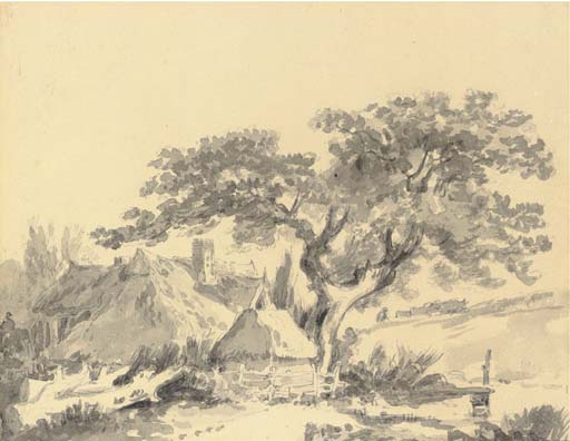 A cottage in a wooded landscape 
