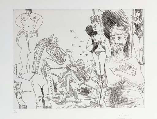 Pablo Picasso (1881-1973), Cirque et Catch, from Séries 347 (B. 1505; Ba. 1521 Bb1). Etching, 1968, on wove, signed in pencil, numbered 2950 (there were also 17 artists proofs), published by Galerie L. Leiris, Paris, 1969. Print 31 x 41.5 cm. Sheet 45.2 x 56.5 cm. Sold for £11,400 on 29 March 2006 at Christie's in London. Artwork © Succession PicassoDACS, London 2019