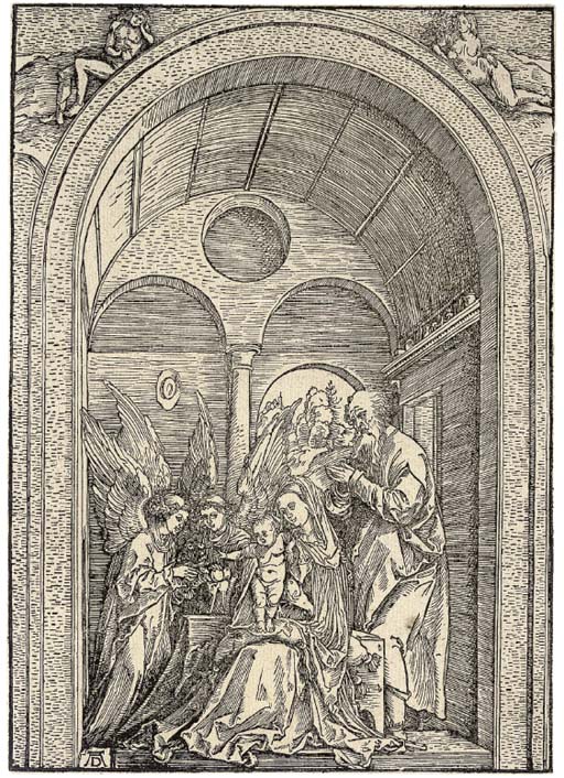 The Holy Family with two Angels in a vaulted Hall (B. 100; M., Holl. 213)
