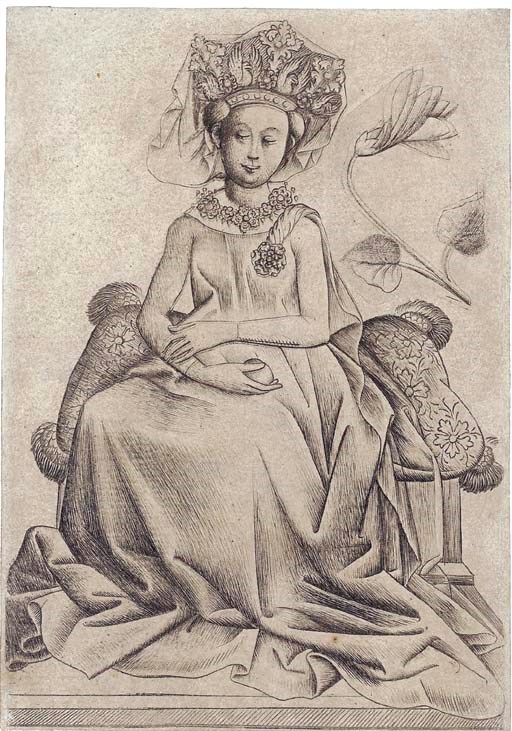 The Master of the Playing Cards (active circa 1435-55), The Queen of Flowers B (Geisberg 48.51; Lehrs 49), c. 1435-40. Engraving printed from two plates on laid paper. Sheet 130 x 91 mm. Sold for £243,200 on 20-21 September 2006 at Christie’s in London