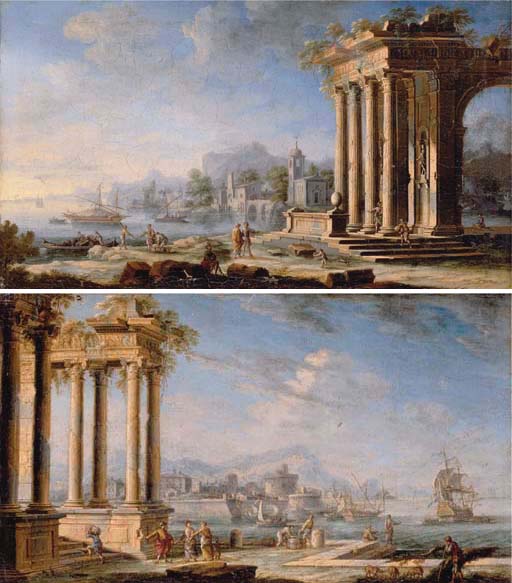 Italianate coastal landscapes with figures by classical ruins and shipping off the shore
