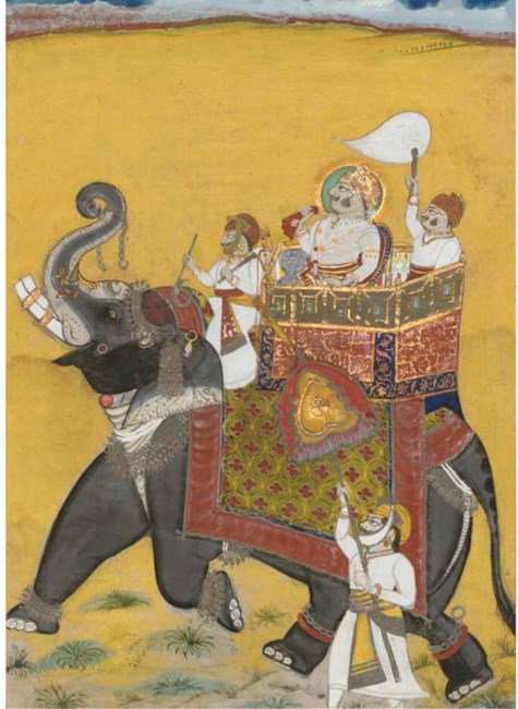 A MAHARAJA SEATED ON AN ELEPHANT, PROBABLY KOTAH, CIRCA 1780