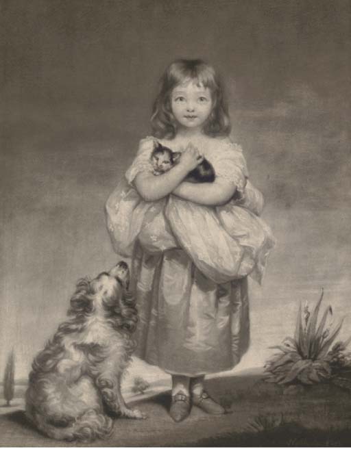 A young girl holding a cat with a dog at her side, by Samuel Reynolds 
