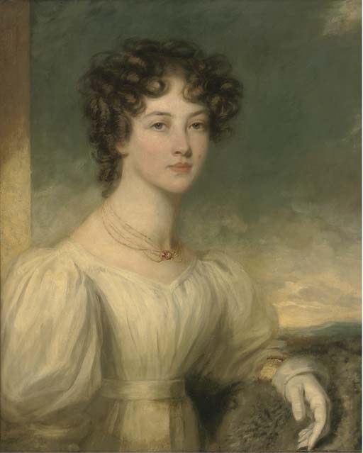 Portrait of a lady, half-length, in a white dress, a landscape beyond
