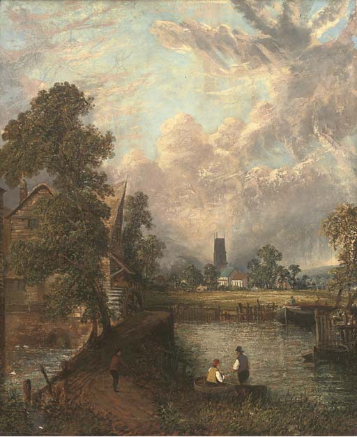 Anglers before a mill, with a church beyond 
