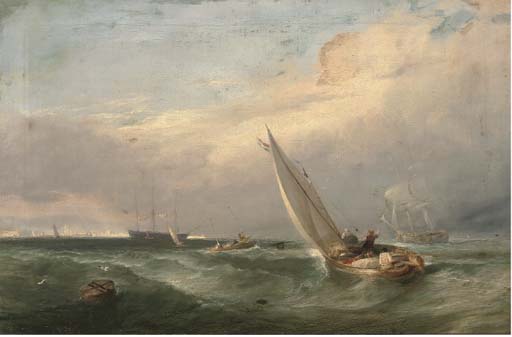 A man'o-war being towed into port 
