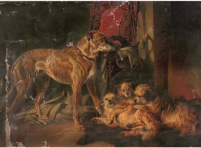 A Scottish deerhound and three dandy dinmonts by an open fire

